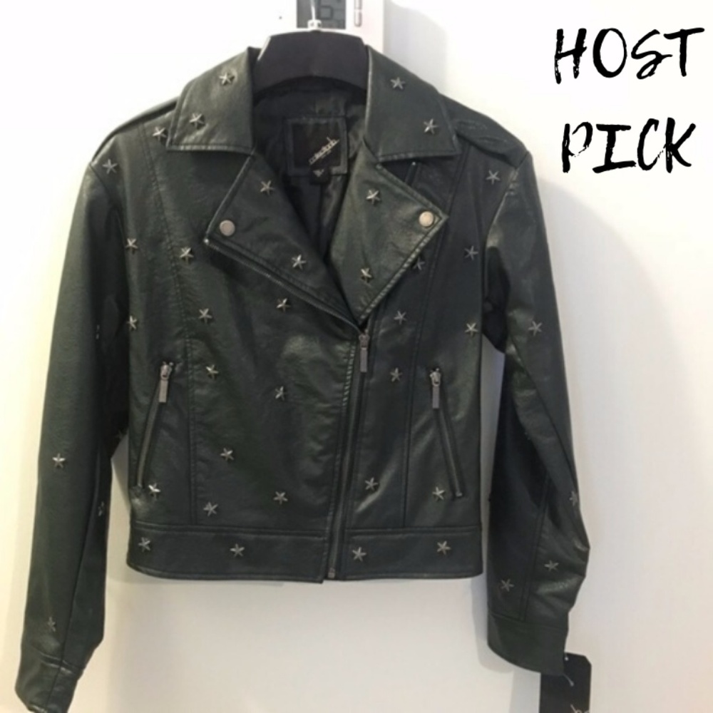 Collection B Green Star Studded Moto Jacket SZ XS